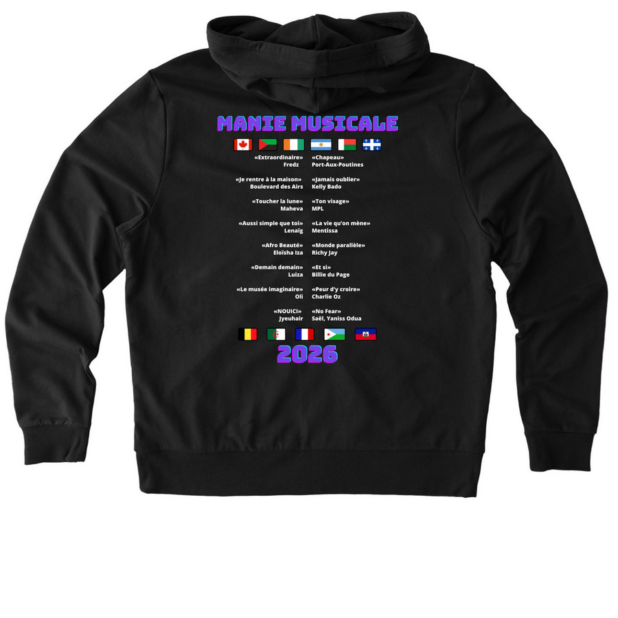 Manie Musicale 2026 Concert Style (dark), a Deep Black Allmade Organic French Terry Zip Up Hoodie (back-view)