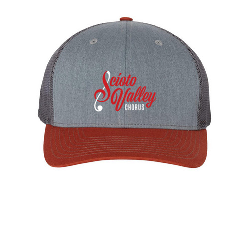 SVC Trucker Hat, a Heather Grey/ Charcoal/ Dark Orange Printed Snapback Trucker Cap
