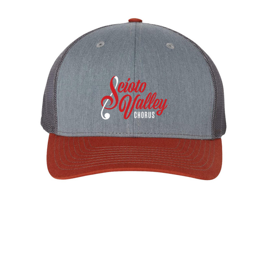 SVC Trucker Hat, a Heather Grey/ Charcoal/ Dark Orange Printed Snapback Trucker Cap