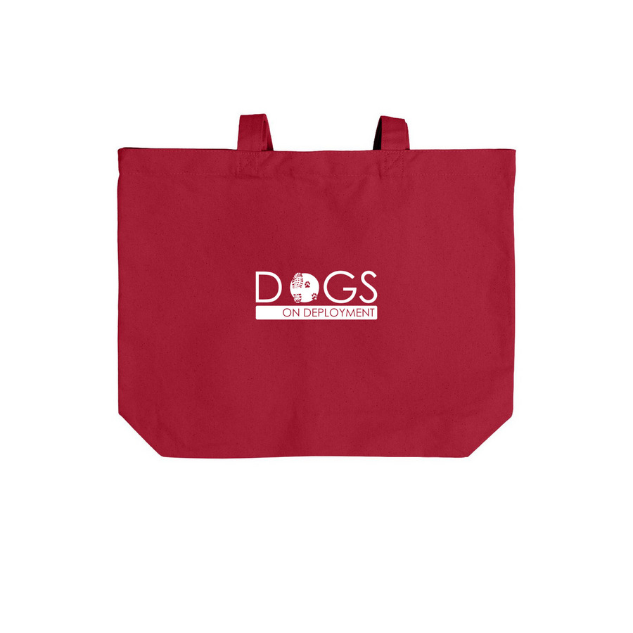 Dogs on Deployment Tote (White Logo), a Deep Red Cotton Canvas Tote Bag (back-view)