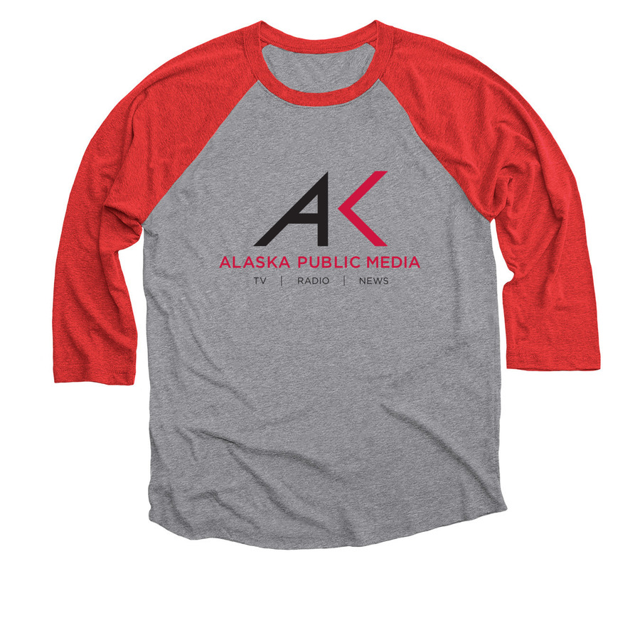 Alaska Public Media Baseball Tee, a Red and Premium Heather 3/4 Sleeve Baseball Tee