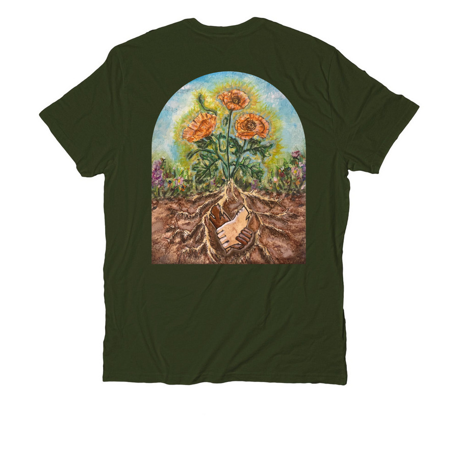 Rooted in Community, a Herb Green Allmade Organic Cotton Unisex Tee (back-view)