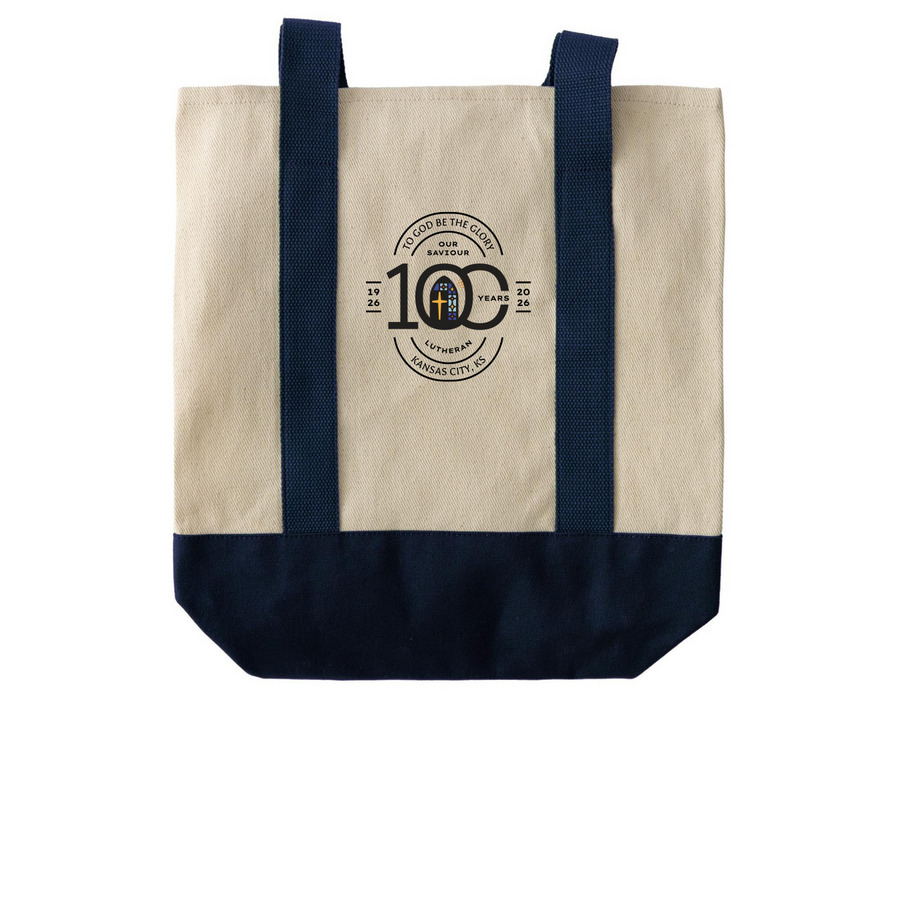 'Arch' Centennial Tote Bag, a Natural/Navy Two-Tone Grocery Tote Bag (back-view)