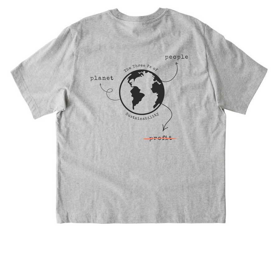"The Three Ps of Sustainability", a Cool Heather Grey Stanley/Stella Unisex Freestyler Heavyweight Tee (back-view)