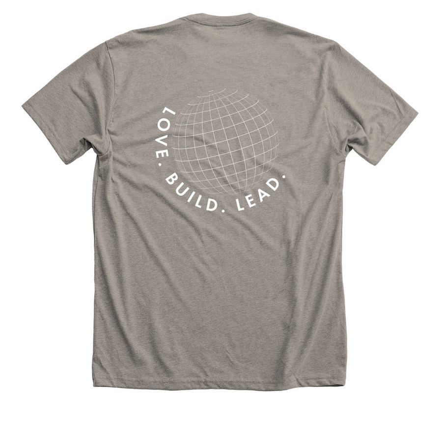 LOVE. BUILD. LEAD. GLOBE MERCH, a Heather Stone Premium Unisex Tee (back-view)