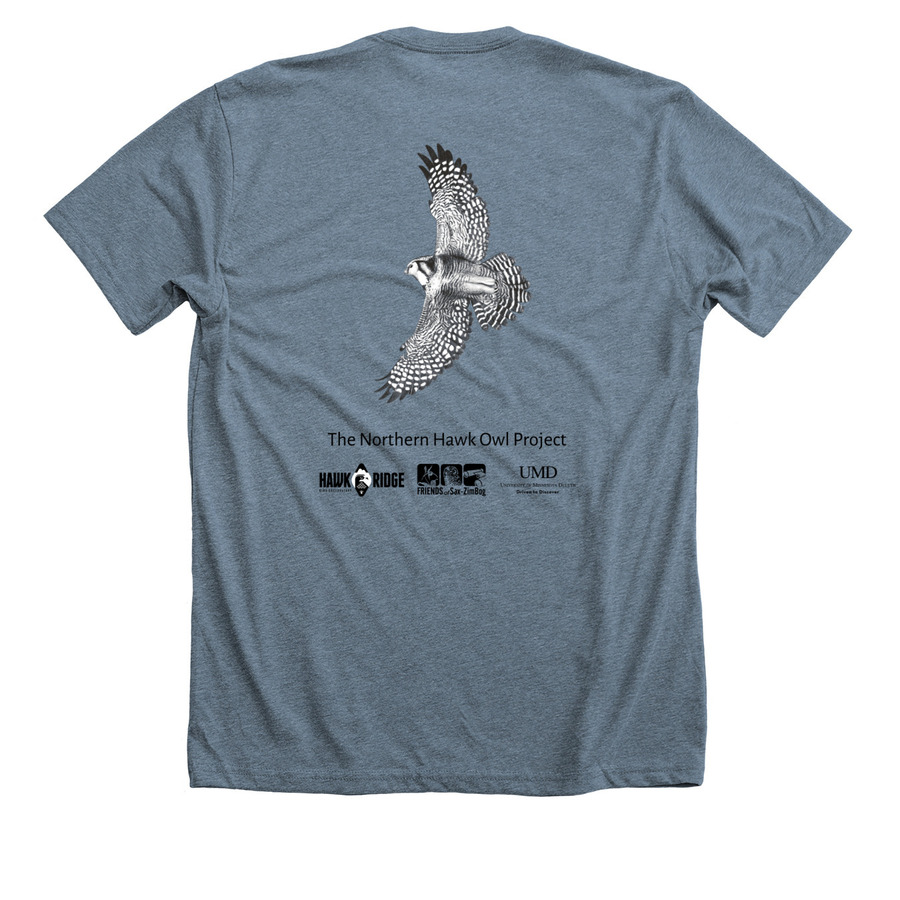 The Northern Hawk Owl Project, a Heather Slate Premium Unisex Tee (back-view)
