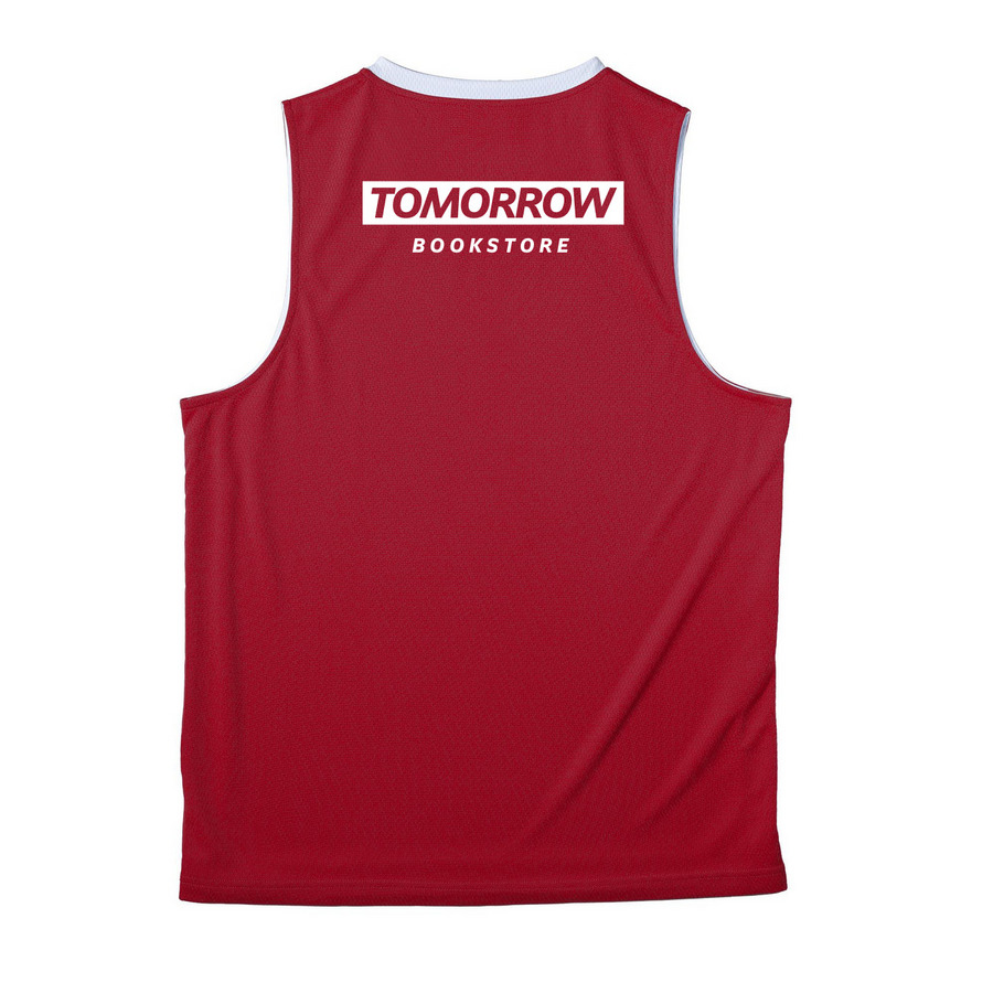 SPOILER: You'll be back for MORE!, a Deep Red/ White Reversible Basketball Jersey (back-view)