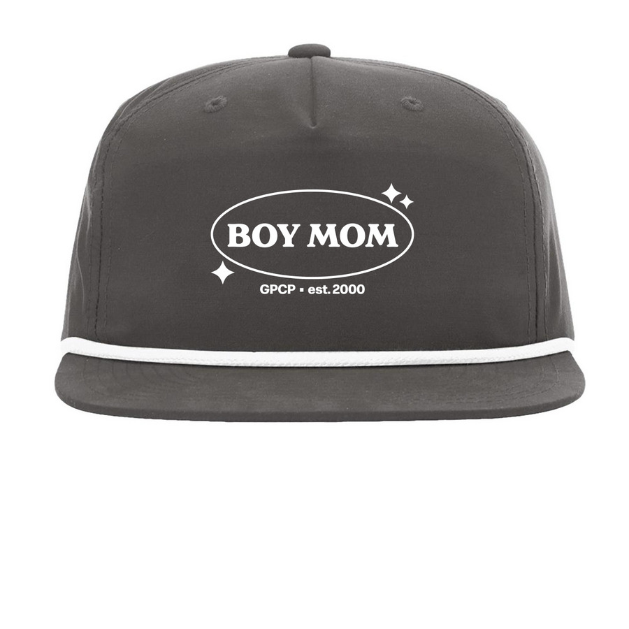 Boy Mom Snapback, a Charcoal/ White Printed Umpqua Snapback Cap