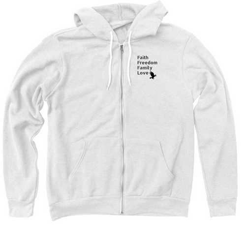 Faith, a White Zip Up Hoodie