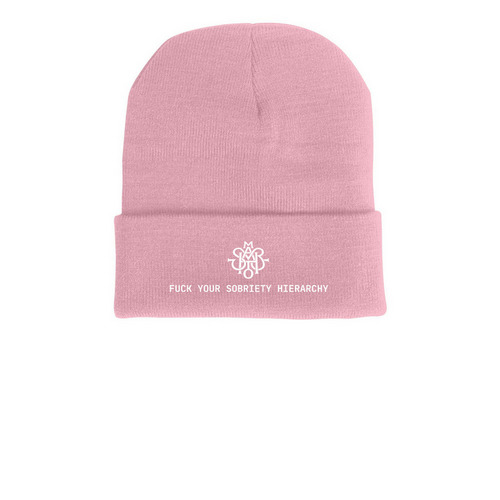 FUCK YOUR SOBRIETY HIERARCHY., a Pink Printed Cuffed Beanie