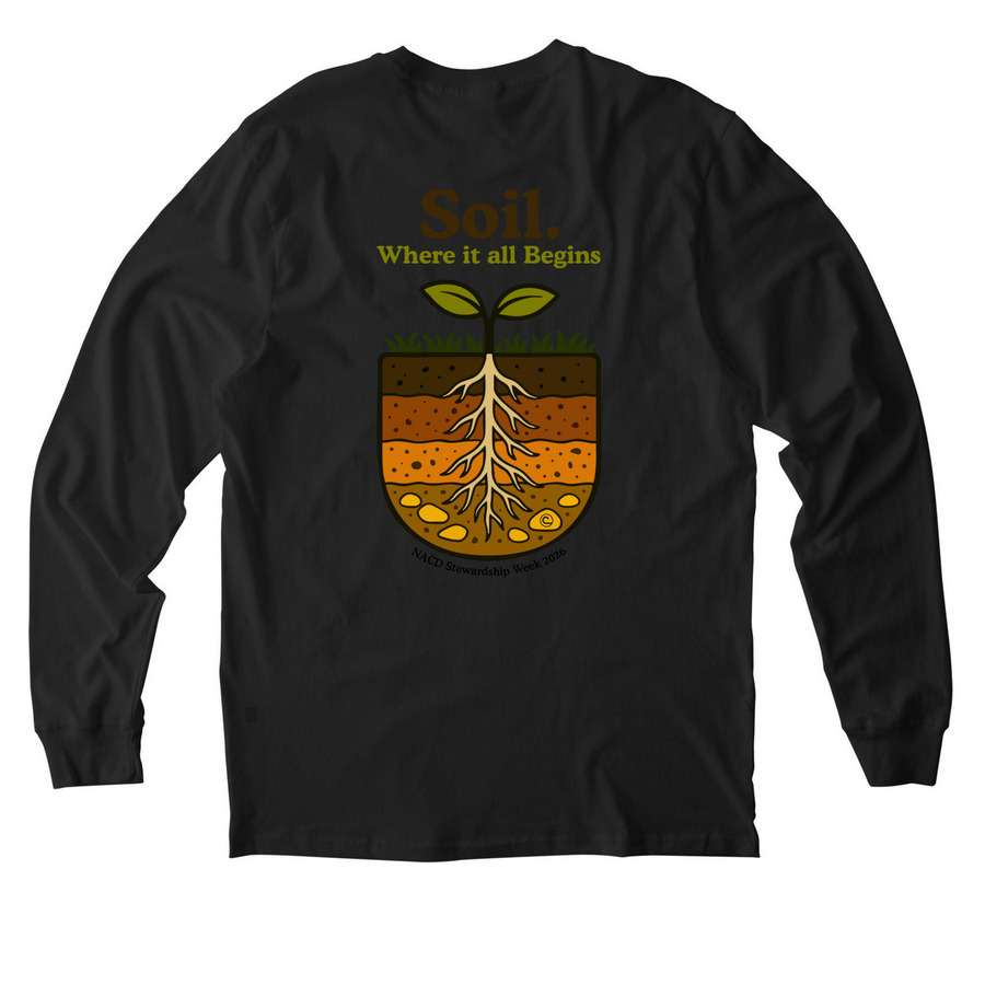 Soil. Where it all Begins XL+ options, a Deep Black Allmade Organic Cotton Long Sleeve Tee (back-view)