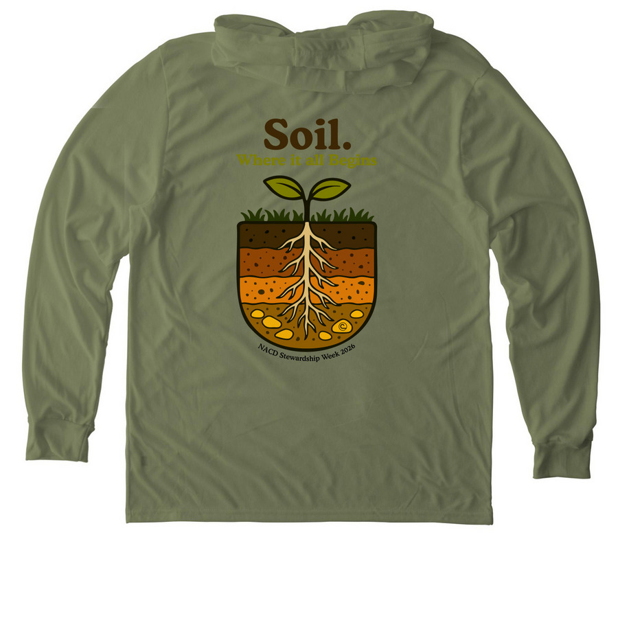 Soil. Where it all Begins XL+ options, a Olive You Green Allmade Eco Triblend Hoodie Tee (back-view)