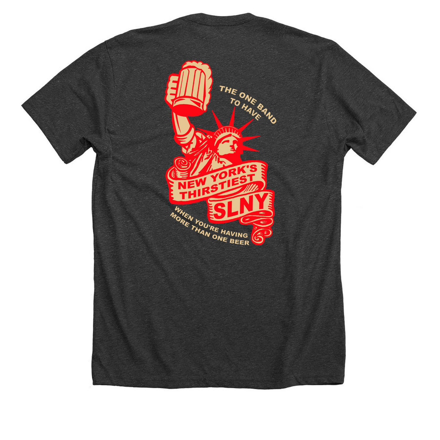 Shilelagh Law "Brewed in NY" Tee, a Dark Grey Heather Premium Unisex Tee (back-view)