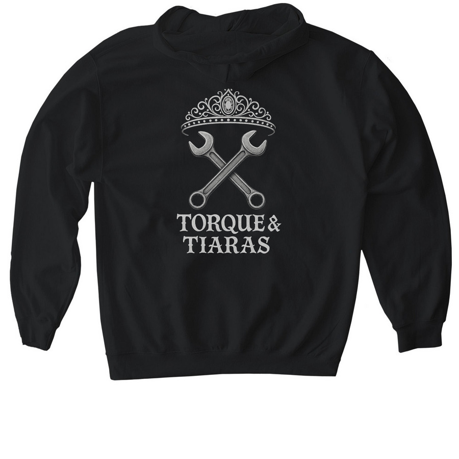 Tiara and wrench design, a Black Gildan Softstyle Pullover Hoodie (back-view)