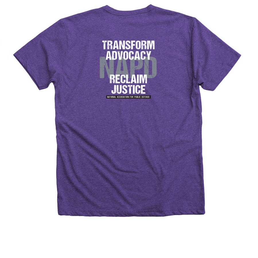 Transform Advocacy. Reclaim Justice., a Purple Rush Premium V-Neck Tee (back-view)