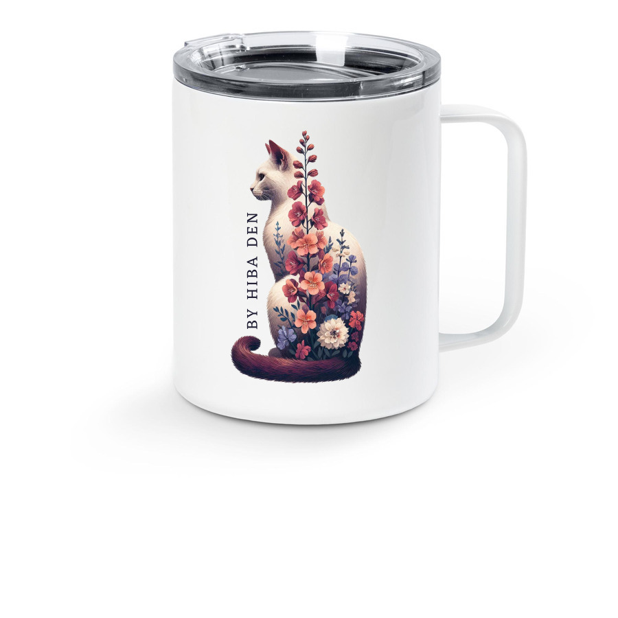 Floral Cat Travel Mug, a White Stainless Steel Travel Mug