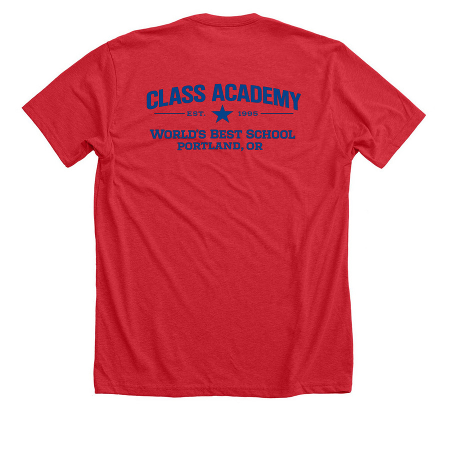 Adult CLASS Blue Pennant (Special Requests), a Heather Red Premium Unisex Tee (back-view)