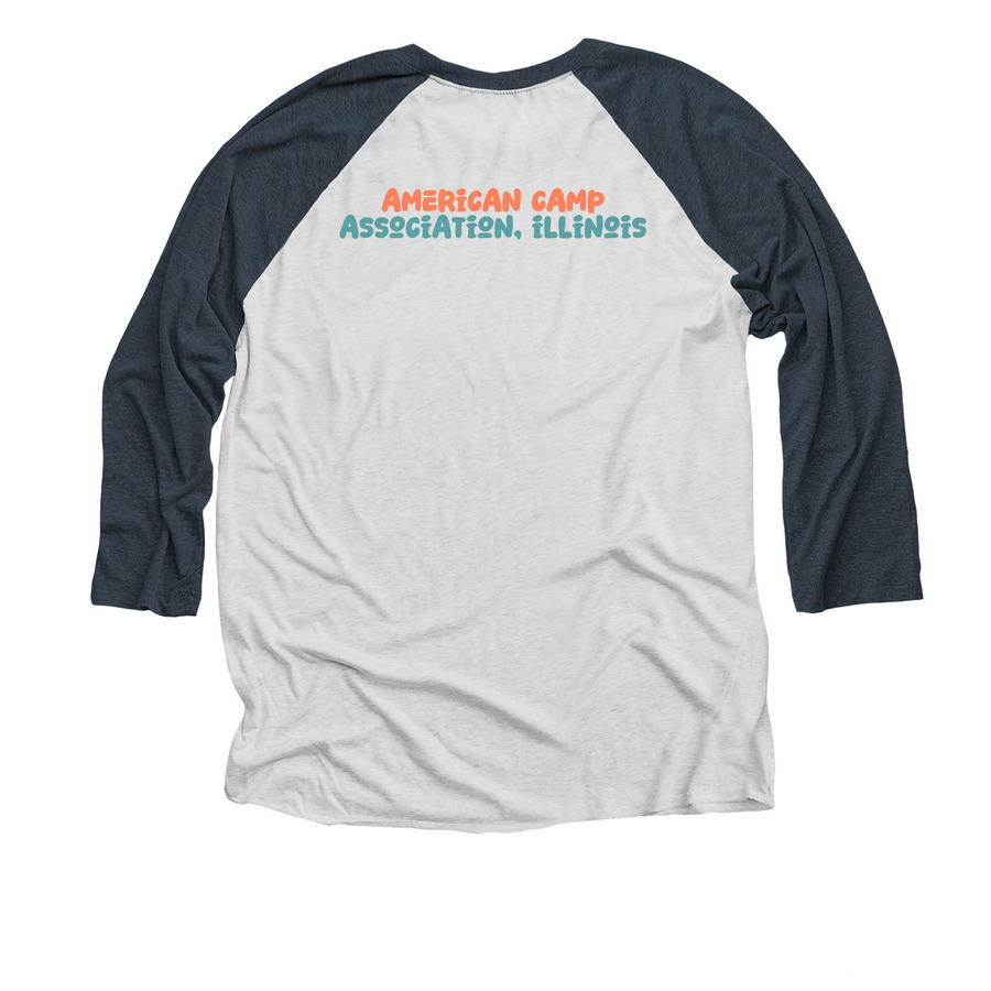 Ask Me About Summer Camp - Adult in Muted, a Indigo and Heather White 3/4 Sleeve Baseball Tee (back-view)