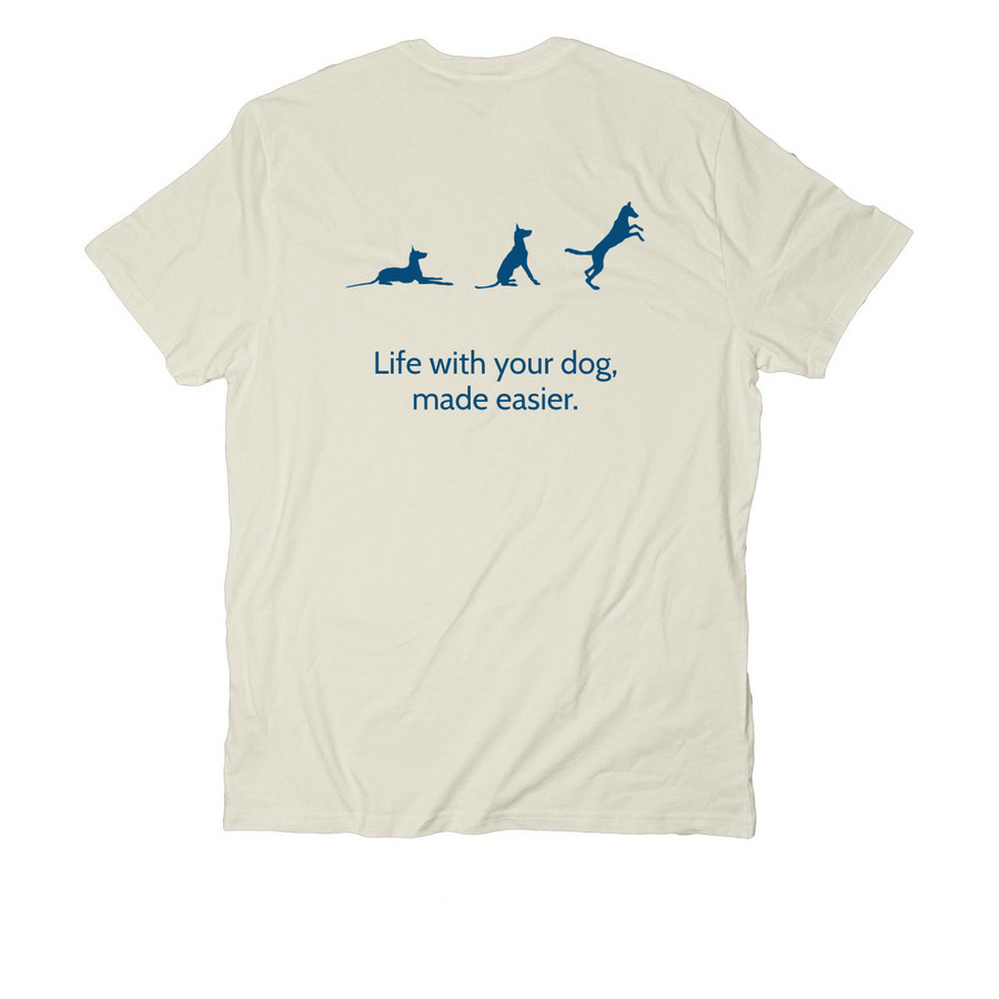 Green Logo, Blue Text Shirts, a White Sand Allmade Organic Cotton Unisex Tee (back-view)