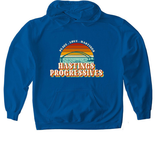 Sunset bridge logo on a royal blue pullover hoodie