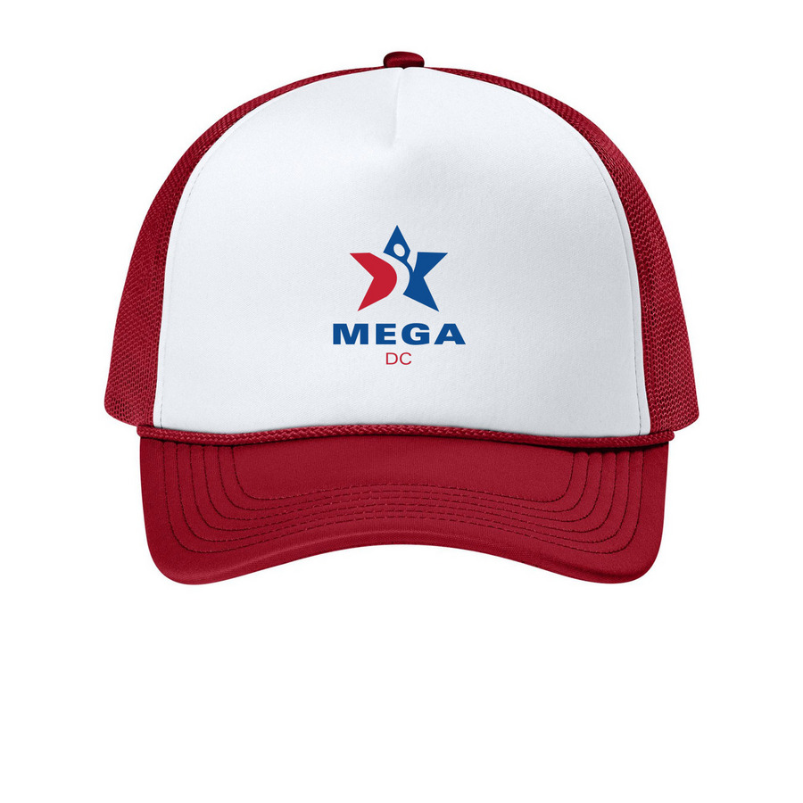 MEGA Caps, a White/ Rich Red Printed Foam Trucker Hat