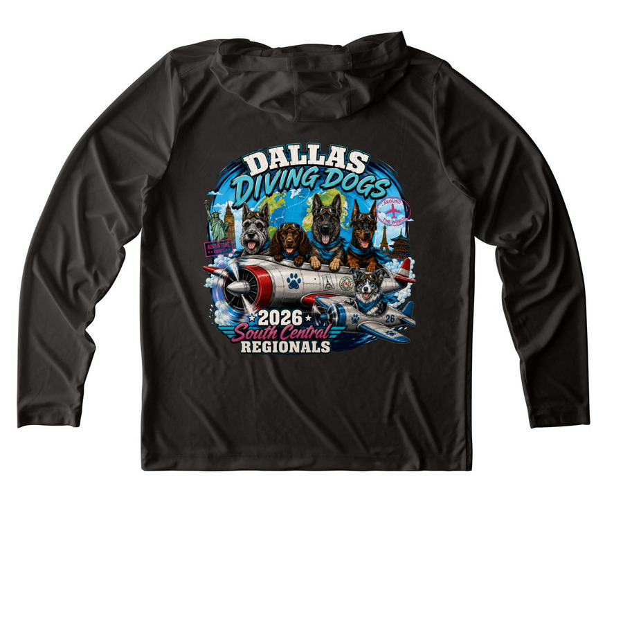 Dallas Diving Dogs 2026 Regionals, a Black UV Performance Long Sleeve Hoodie (back-view)