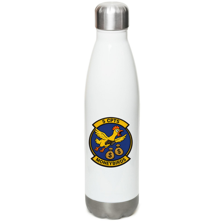 Captain Chicken, a White Stainless Steel Water Bottle (back-view)