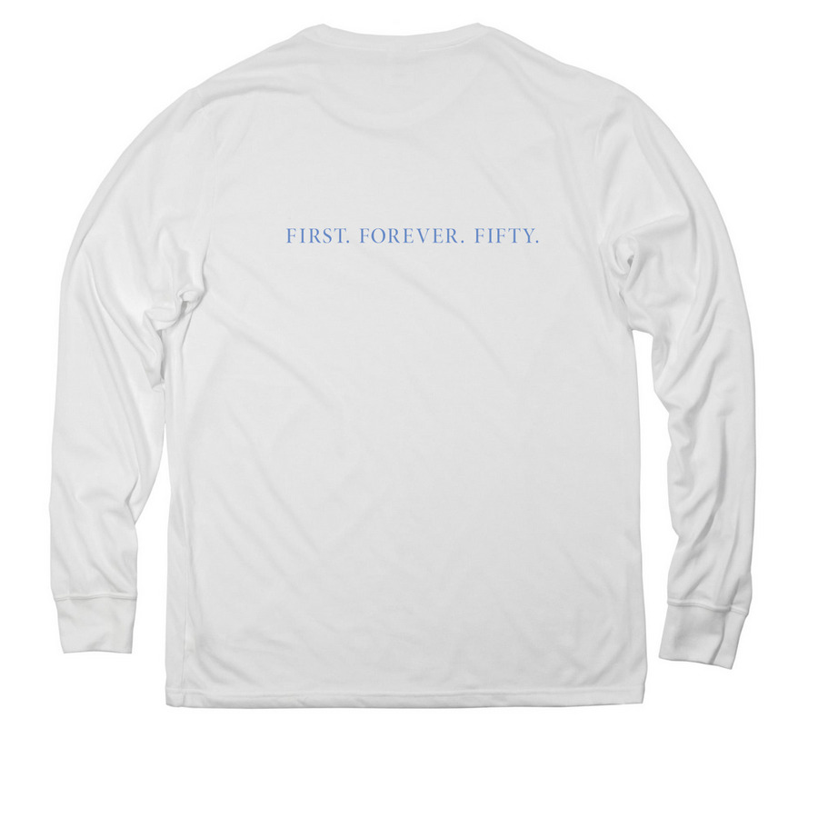 FIRST-FOREVER-FIFTY, a Bright White Allmade Eco Triblend Long Sleeve Tee (back-view)