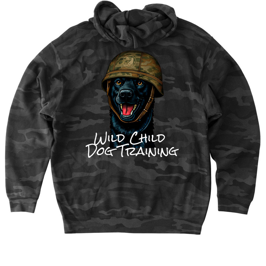 Wild with USMC kevlar, a Black Camo Heavyweight Camo Pullover Hoodie (back-view)