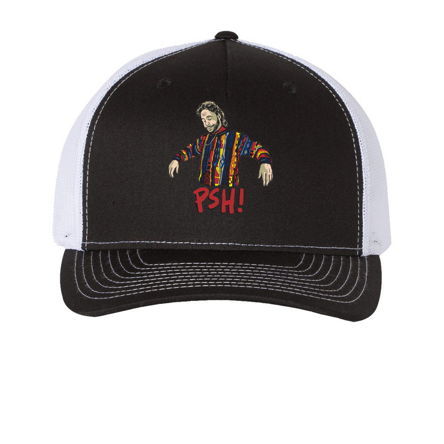 PSH! Hat, a Black/ White Printed Five-Panel Trucker Cap