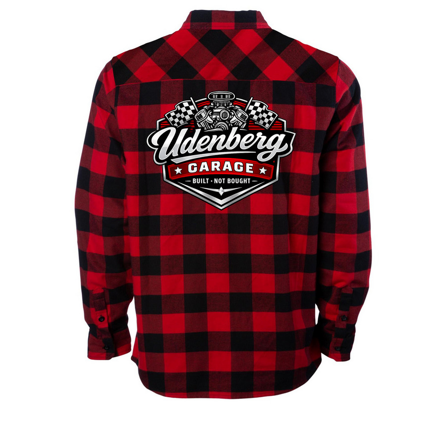 "Udenberg Garage" Flannel&nbsp;, a Red/ Black Unisex Flannel Shirt (back-view)