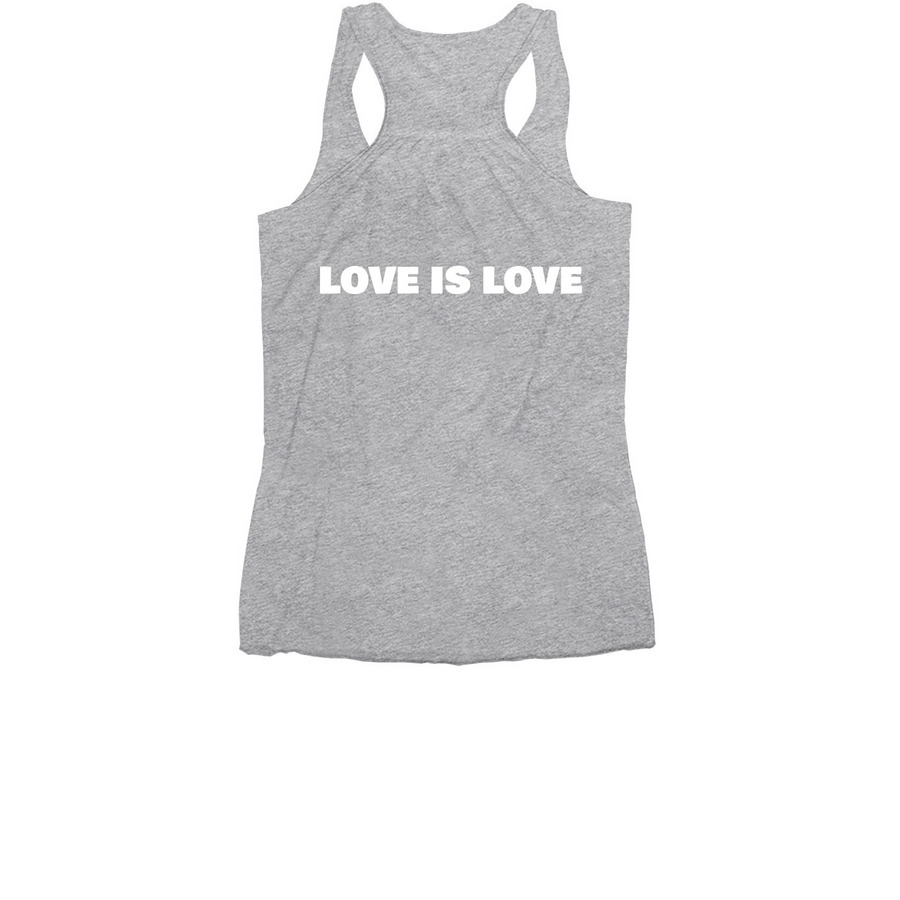 Love is Love - white logo, a Athletic Heather Women's Racerback (back-view)