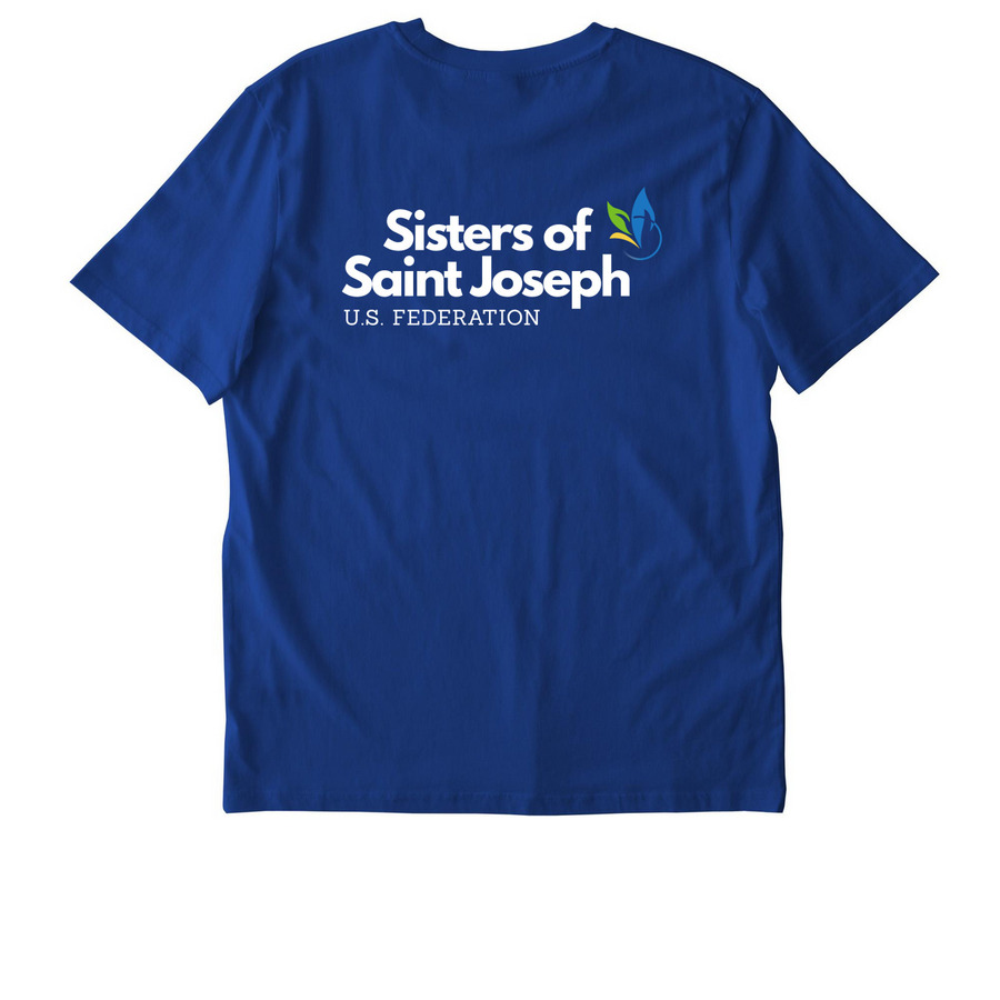CSSJ: Loving Our Neighbors, a Worker Blue Stanley/Stella Unisex Creator 2.0 Tee (back-view)