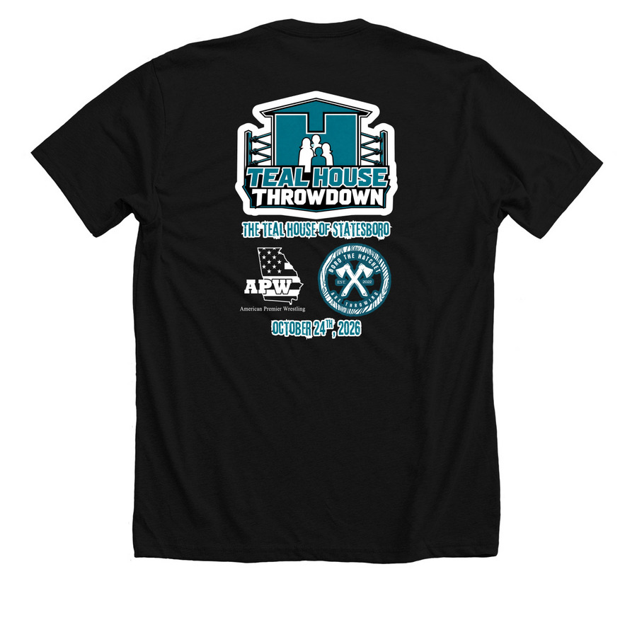 Teal House Throwdown, a Solid Black Blend Premium Unisex Tee (back-view)