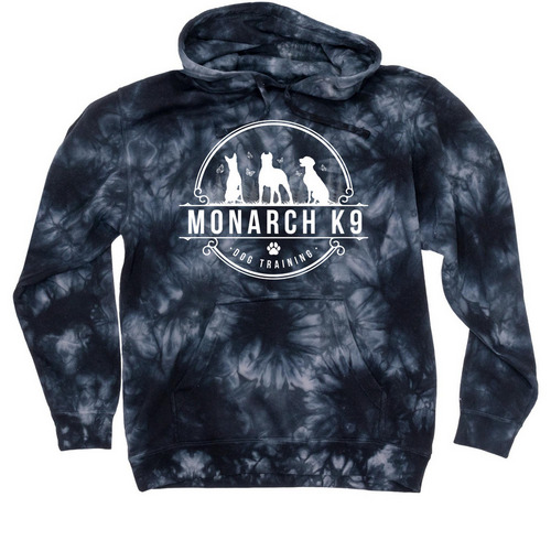 Monarch K9 Tie Dye - White Logo, a Black Tie Dyed Pullover Hoodie