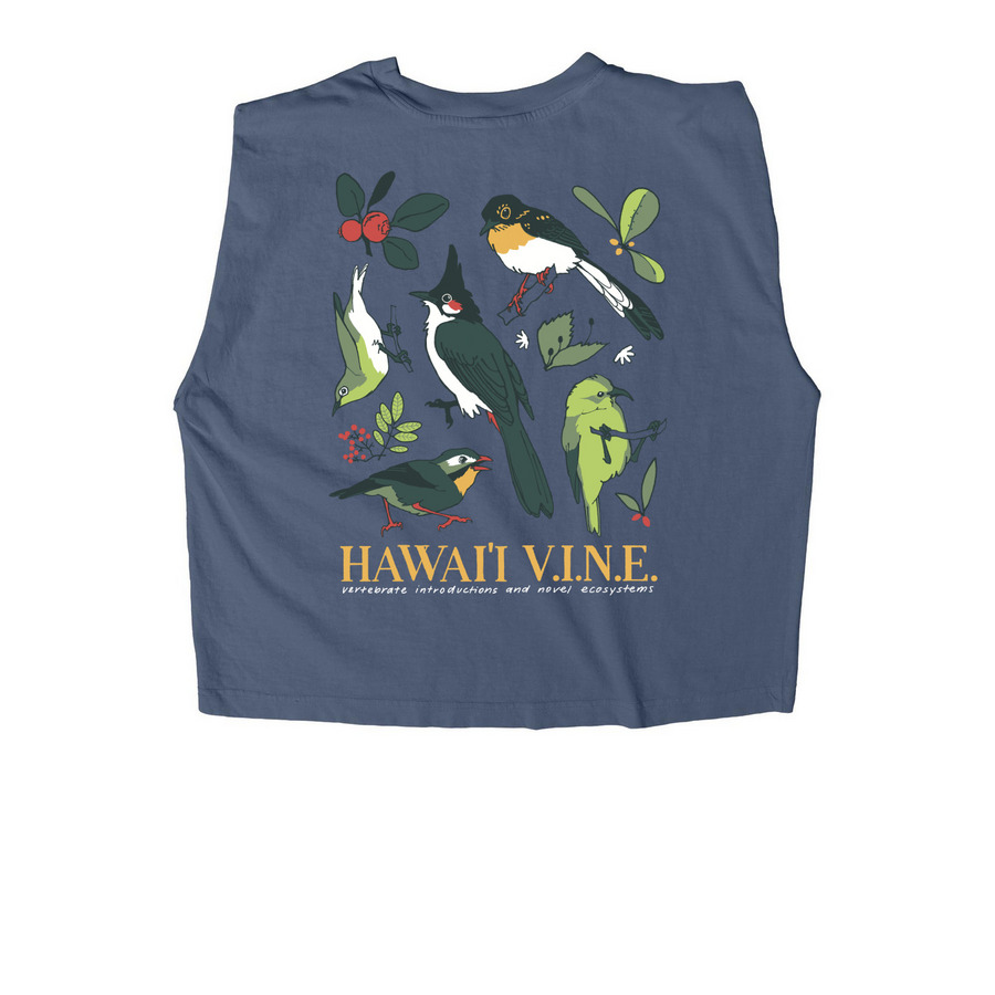 Hawai?i VINE Project Shirts, a Faded Navy Women's Heavyweight Garment Dye Muscle Tee (back-view)