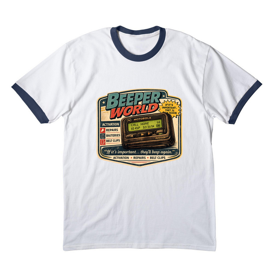 Beeper World&nbsp;, a White/ Navy Cotton Ringer Tee