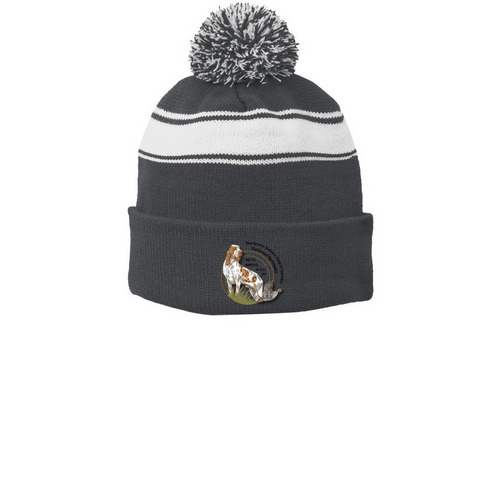 Winter Hats & Beanies, a Iron Grey/ White Printed Stripe Pom-Pom Beanie