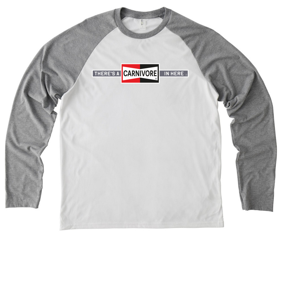 THERE'S A CARNIVORE IN HERE (2-sided print), a Aluminum Grey/ Bright White Allmade Eco Triblend Colorblock Raglan Long Sleeve Tee