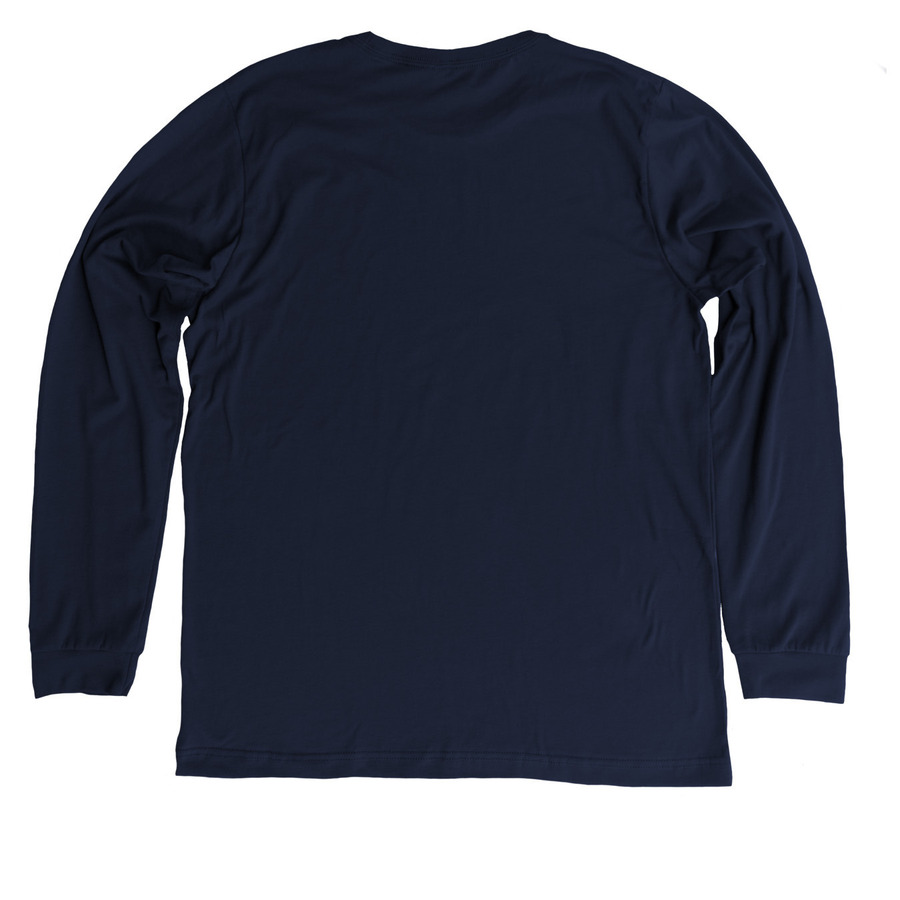 EBO Logo Shirts (white text), a Heather Midnight Navy Premium Long Sleeve Tee (back-view)