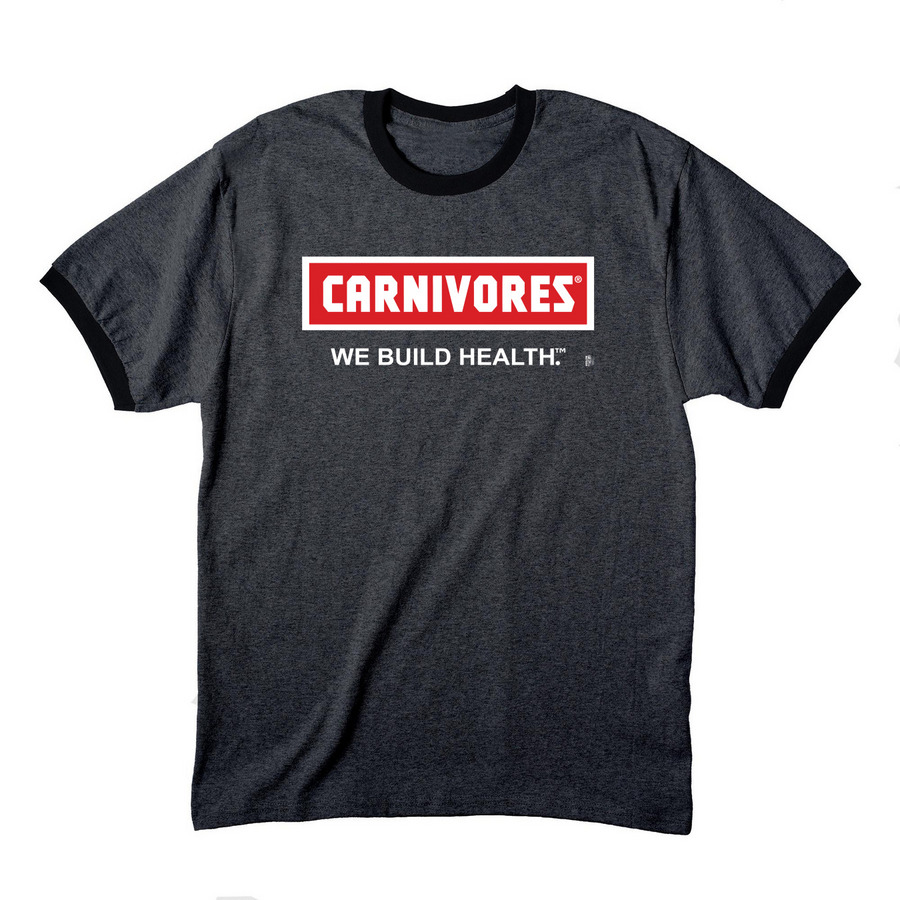 CARNIVORES - WE BUILD HEALTH (White text), a Dark Heather Grey/ Jet Black Cotton Ringer Tee