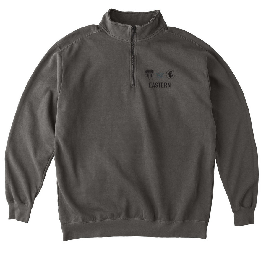 PSIA-AASI Eastern Region 2025 Shirts - back, a Pepper Comfort Colors Quarter Zip Pullover
