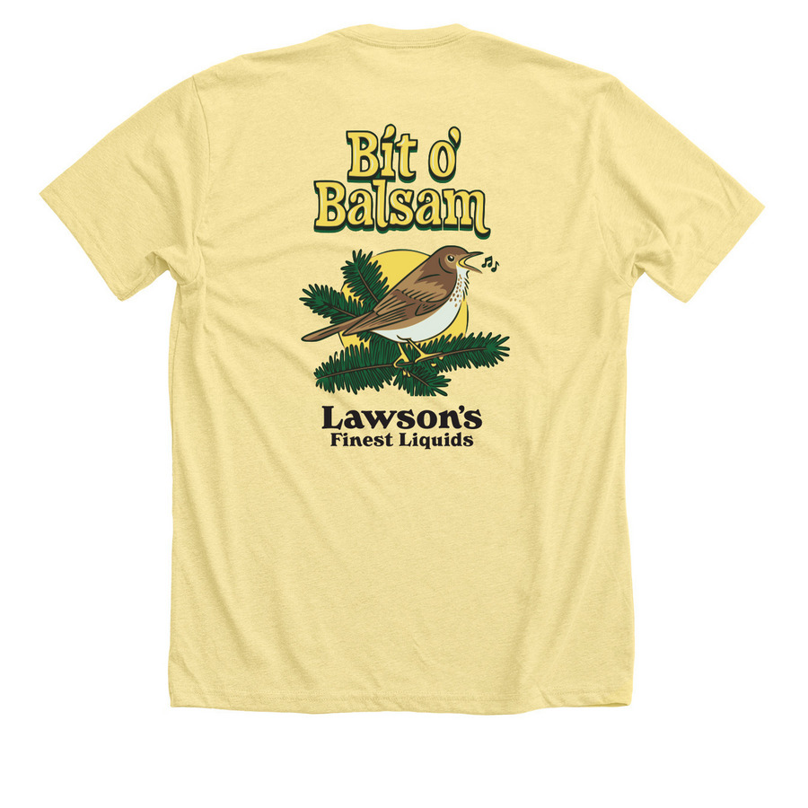 Bit O' Balsam for Bicknell's Thrush, a Heather Yellow Gold Premium Unisex Tee (back-view)