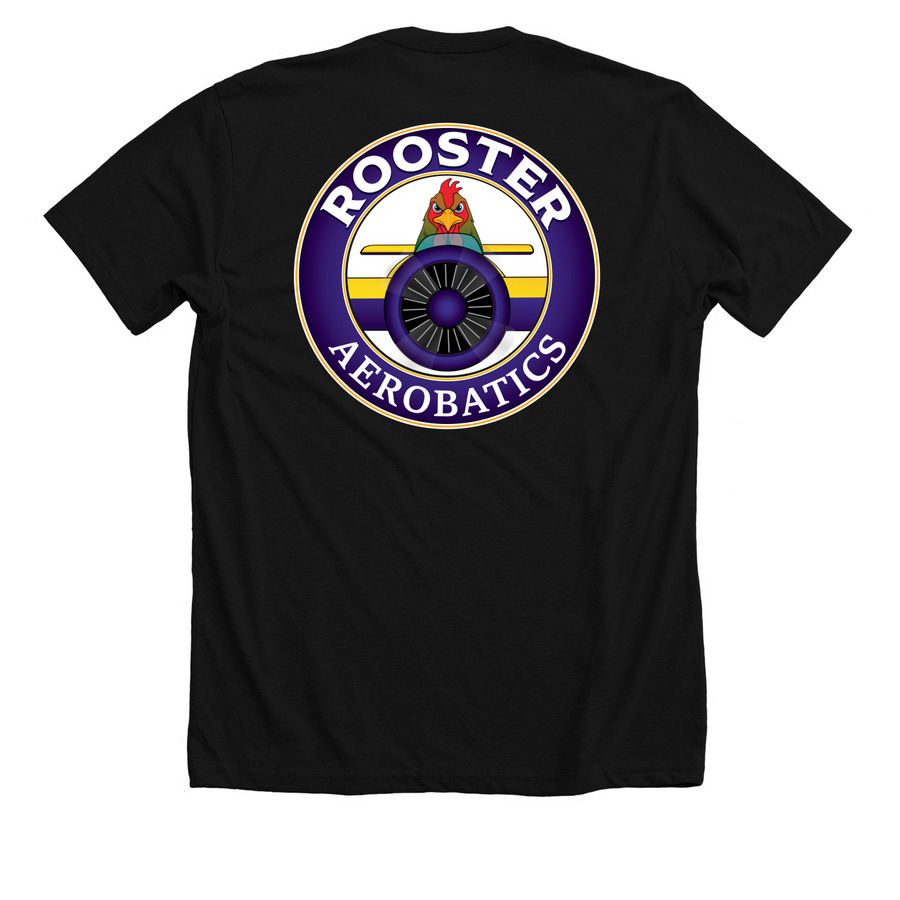 Rooster Aerobatics, a Solid Black Blend Premium Unisex Tee (back-view)
