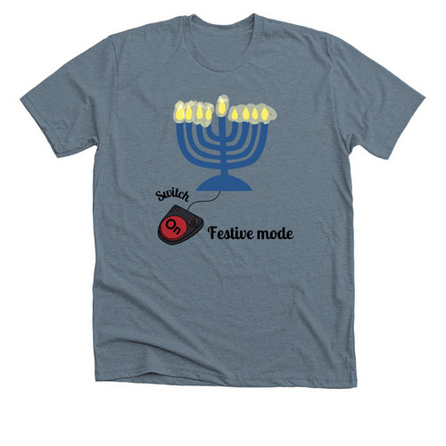 Switch on Hanukkah, a Heather Blue Storm Premium Unisex Tee