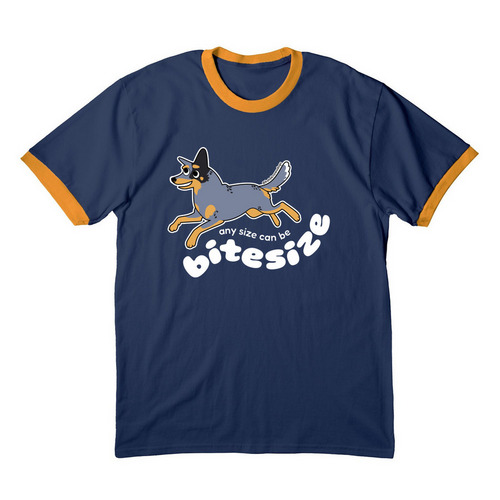 Bite Size (blue), a Navy/ Gold Cotton Ringer Tee