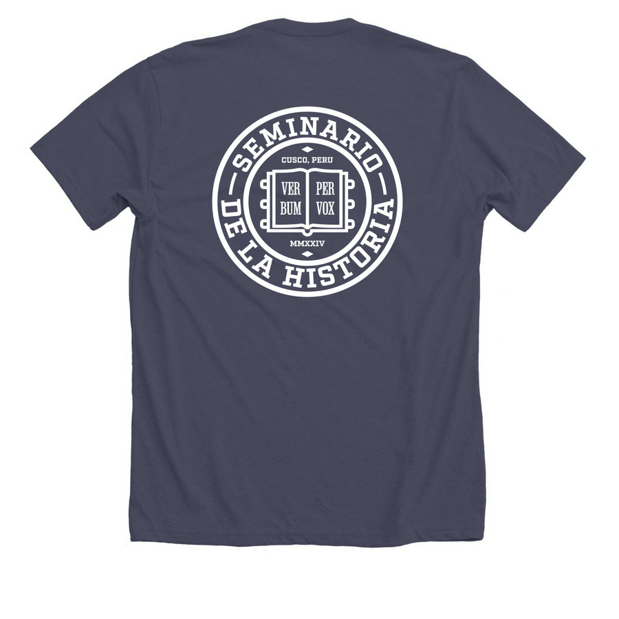 Seminary of the Story, a Heather Midnight Navy Premium Unisex Tee (back-view)