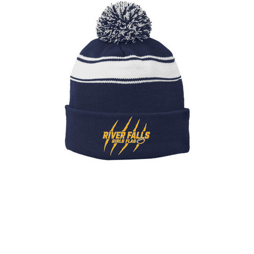 River Falls Girls Flag Beanie, a True Navy/ White Printed Stripe Pom-Pom Beanie