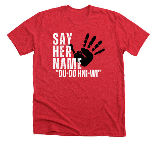 Say Her Name, a Heather Red Premium Unisex Tee