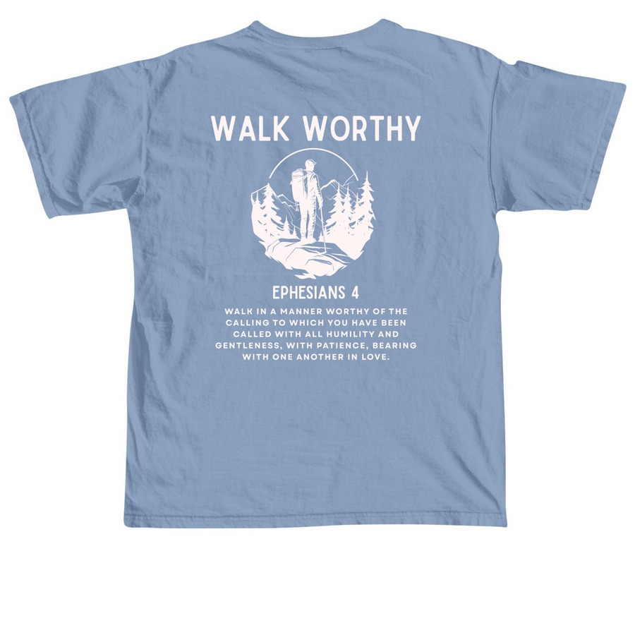 Walk Worthy, a Washed Denim Comfort Colors Unisex Tee (back-view)
